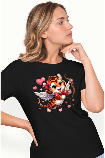 StoryGift Romania Women's T-shirt with a tiger Cupid shooting a bow, illustration, hearts, stripes BLK_L