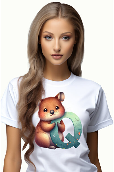 StoryGift Romania Tricou Femei cu un mic rozator cu litera "Q", ilustratie, pentru copii, scoala, WHT_L