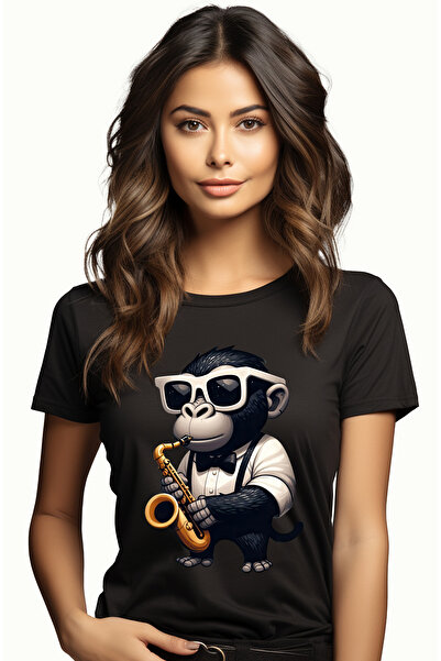 StoryGift Romania Tricou Femei cu un cimpanzeu care canta la saxofon, ilustra...