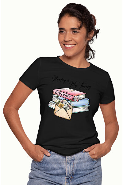 StoryGift Romania Tricou Femei cu un teanc de carti cu mesajul "Reading is my therapy", carte, ilu BLK_L