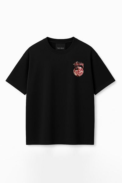 THE RULE Tricou unisex Stüssy Kiss imprimat supradimensionat, 100% bumbac, cu croială largă, texturizat, negru, cu gâtul rotund RF0512
