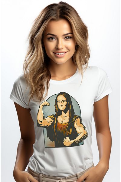StoryGift Romania Women's Personalized T-Shirt Monalisa, Bodybuilder, Reinterpreted Leonardo da Vinci WHT_L
