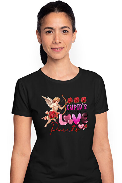 StoryGift Romania Tricou Femei cu ingerasul Cupidon cu mesajul "Cupid's Brewing Co. Love Points", BLK_L