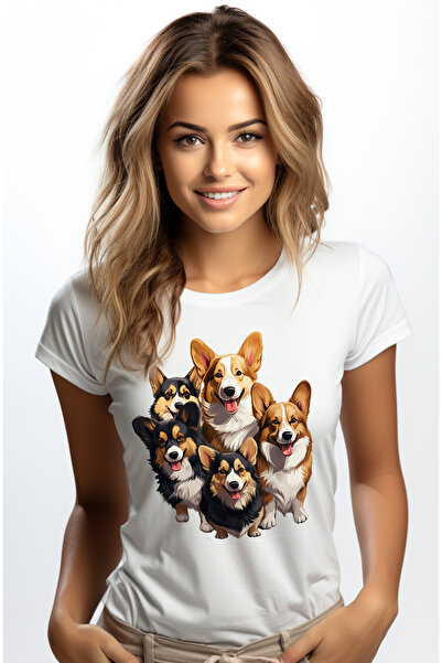 StoryGift Romania Tricou Femei cu multi catelusi Corgi, jucausi, bucurosi, ilustratie, pentru iubi WHT_L
