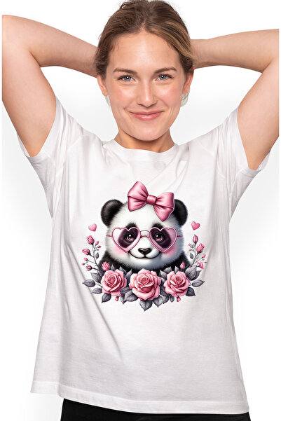 StoryGift Romania Women's T-shirt with a happy Panda bear, illustration, roses, bow, glasses in WHT_L