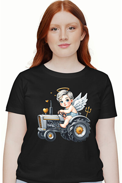 StoryGift Romania Tricou Femei cu un bebelus cu aripi care conduce un tractor, ilustratie, inimi a BLK_L