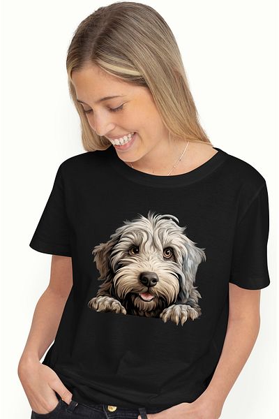 StoryGift Romania Tricou Femei cu un catel blanos fericit, ilustratie, asteapta sa se joace cu sta BLK_L