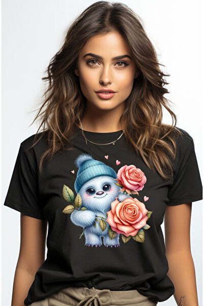 StoryGift Romania Tricou Femei cu Yeti care tine trandafiri, ilustratie, inimi, omul zapezilor, ca BLK_M