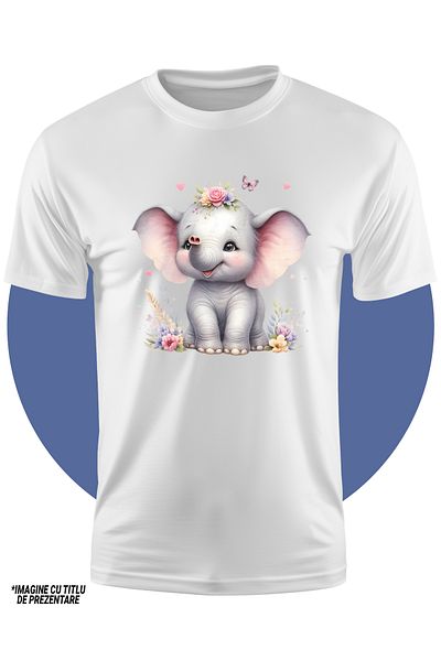 StoryGift Romania Tricou Copii Cu Un Pui De Elefant Care Se Joaca Vesel, Ilustratie, Flori, Inimioare, Flutu