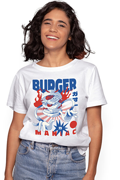 StoryGift Romania Tricou Femei Cu Mesaj In Engleza Burger Maniac, Fast Food, Asiatic, Multicolor WHT_L