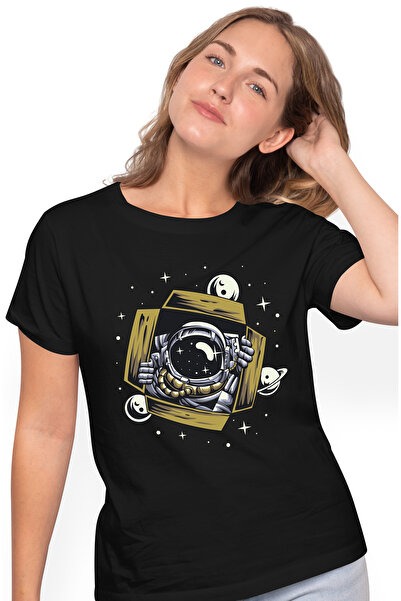 StoryGift Romania Tricou Femei Cu Astronaut, Cutie, Spatiu, Stele, Planeta, Luna, SF, Multicolor BLK_L