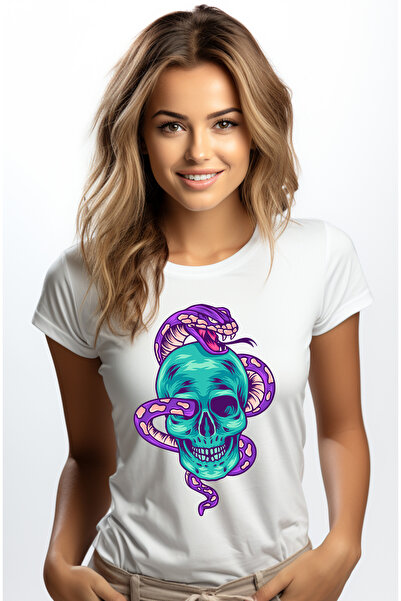 StoryGift Romania Tricou Femei Cu Sarpe, Craniu, Colti, Dinti, Pete, Reptila, Multicolor cu impri WHT_L