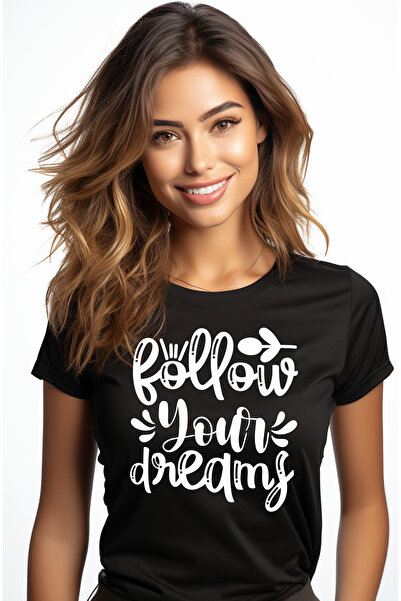 StoryGift Romania Tricou Femei cu indemn in engleza "Follow your dreams" - urmeaza-ti visurile cu BLK_L