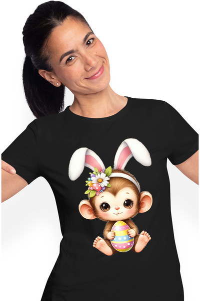 StoryGift Romania Tricou Femei cu o maimutica vesela, ilustratie, ou vopsit, ...