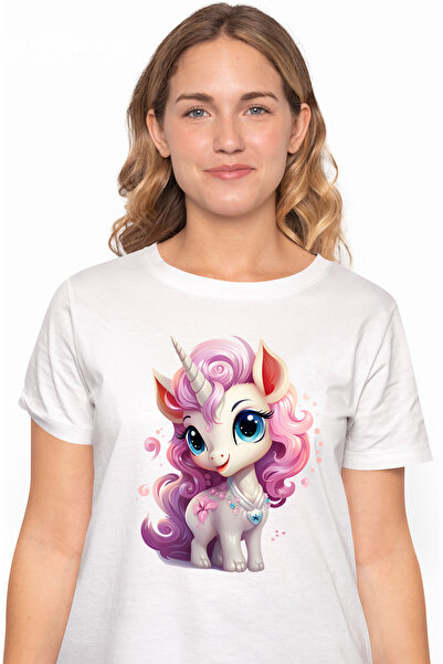 StoryGift Romania Tricou Femei cu un unicorn fericit, ilustratie, coama lunga...