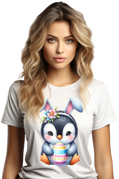 StoryGift Romania Tricou Femei cu un pinguin micut, ilustratie, tine un ou vo...