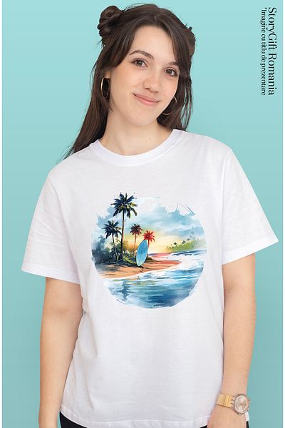 StoryGift Romania Tricou Femei cu o plaja, ilustratie, placa de surf, vacanta, palmieri, insule, a WHT_L