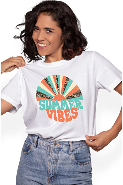 StoryGift Romania Tricou Femei cu mesajul "Summer vibes", vara, vacanta, relaxare, concediu, ilust WHT_S