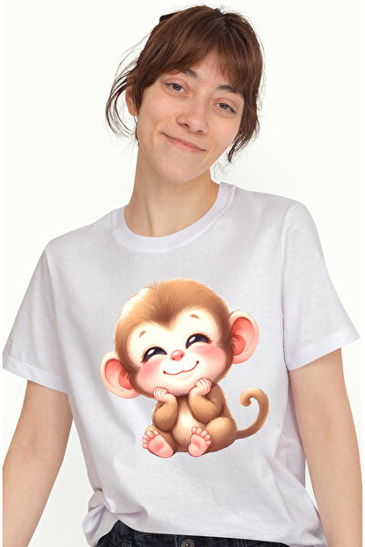 StoryGift Romania Tricou Femei cu o maimutica vesela, ilustratie, natura, copilarie, jungla, copac WHT_L