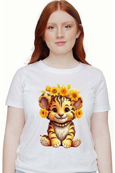 StoryGift Romania Tricou Femei cu un pui de tigru vesel, flori pe crestet, fl...