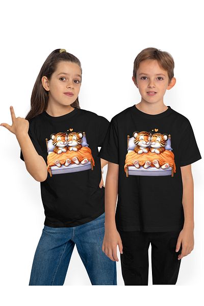 StoryGift Romania Children's T-shirt with a female tiger and a male tiger lying in bed, illustration, tiredness, bedtime