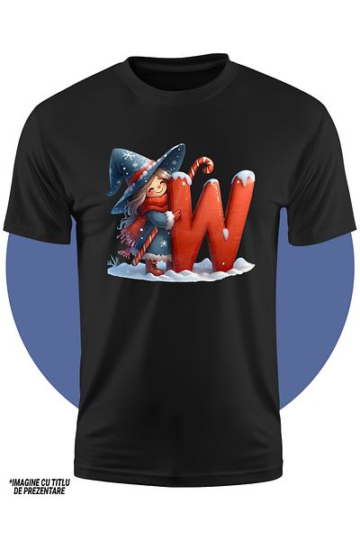 StoryGift Romania Children's T-shirt with a witch holding the letter "W", illustration, staff made of lollipop, STG4