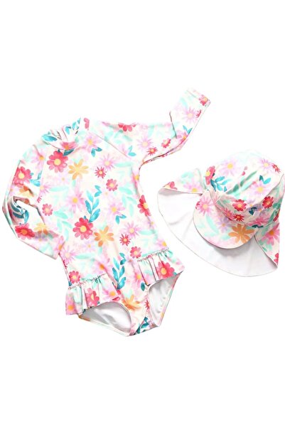 Petityu Set de pălărie pentru costum de baie roz pentru fete, cu mânecă lungă...