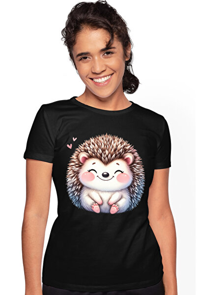 StoryGift Romania Tricou Femei cu un arici vesel, ilustratie, imbujorat, inimioare, natura, sta de BLK_L