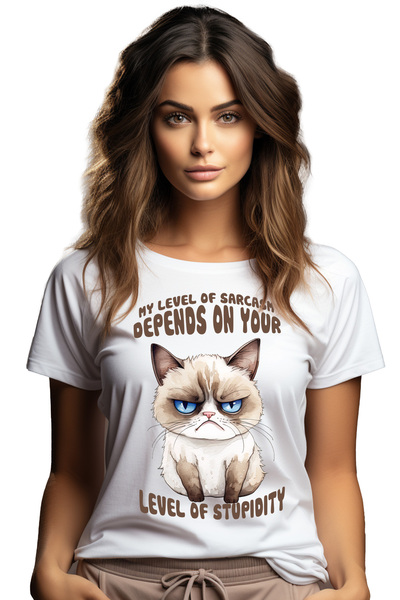 StoryGift Romania Tricou Femei cu pisica trista/nervoasa cu mesajul "My level...