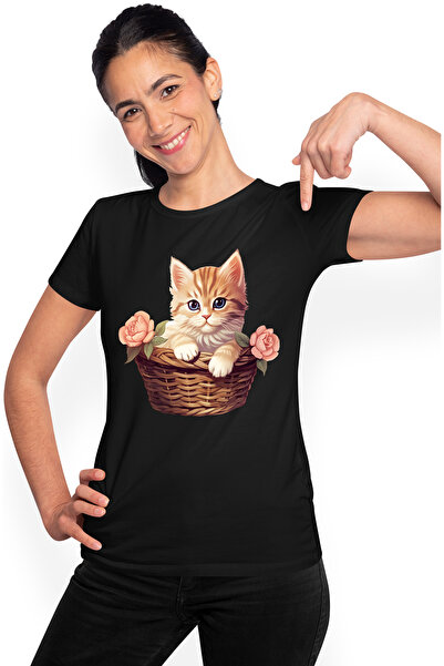 StoryGift Romania Tricou Femei cu o pisicuta care sta intr-un cosulet, floric...