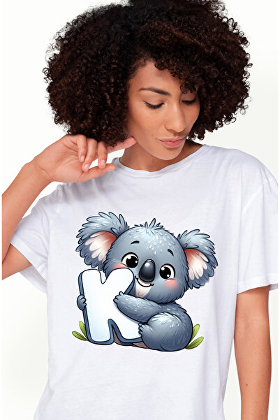 StoryGift Romania Tricou Femei cu un ursulet Koala cu litera "K", ilustratie, pentru copii, scoala WHT_L