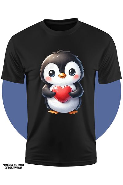StoryGift Romania Tricou Copii Cu Un Pui De Pinguin Care Tine O Inima In Brate, Ilustratie, Imbujorat, Timid