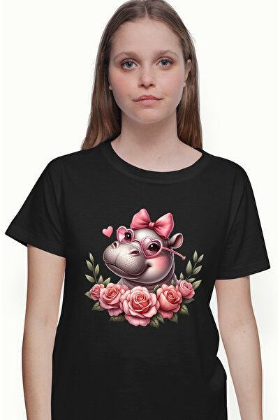 StoryGift Romania Tricou Femei cu o femela hipopotam care poarta niste ochelari in forma de inimio BLK_L