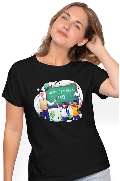 StoryGift Romania Tricou Femei Cu Mesaj In Engleza Happy Teacher's Day, Elevi, Ghiozdan, Ziua Prof BLK_L