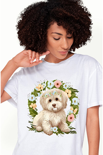 StoryGift Romania Tricou Femei cu un catelus alb surprins, ilustratie, coroana din flori, cuminte, WHT_L