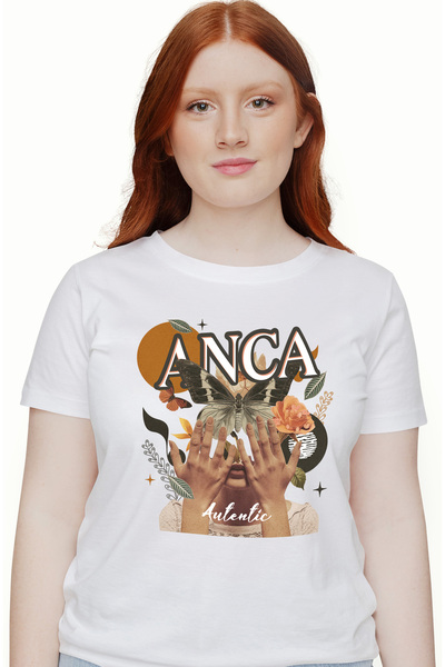 StoryGift Romania Tricou Femei Cu Numele Anca, Colaj Fata, Fluture, Flori, Ce...