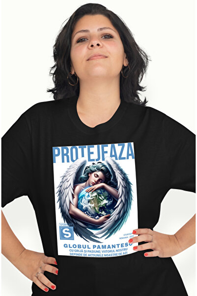 StoryGift Romania Tricou Femei Protejeaza Globul Pamantesc - Inger, Schimbare Climatica, cu impri BLK_L