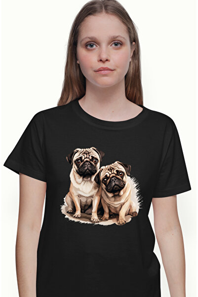 StoryGift Romania Tricou Femei cu 2 catei Pug, ilustratie, putin cam tristi, ...