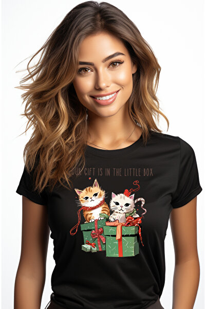 StoryGift Romania Tricou Femei cu 2 pisici cu mesajul "Your gift is in the little box", Craciun fe BLK_M