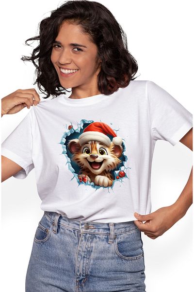StoryGift Romania Women's T-shirt with a tiger cub wearing a Christmas hat sticking its head out of a WHT_L