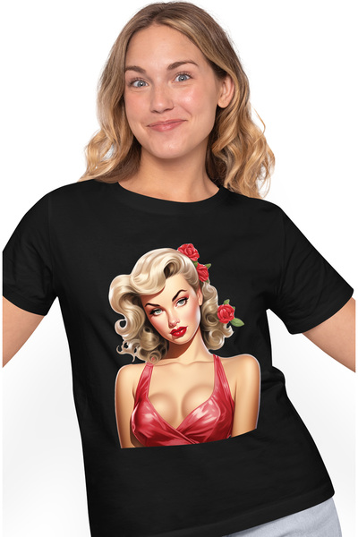 StoryGift Romania Tricou Femei cu o femeie frumoasa, blonda, trandafiri in pa...