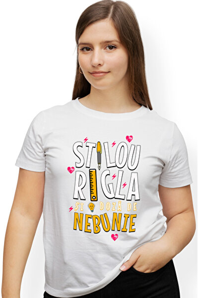 StoryGift Romania Tricou Femei Text Haios Arhitecti Ingneri Stilou, rigla si o doza de nebunie cu WHT_L