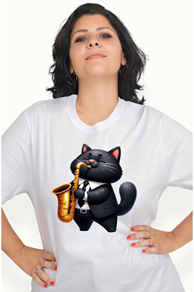 StoryGift Romania Tricou Femei cu o pisica neagra care canta la saxofon, ilustratie, la costum, mu WHT_M