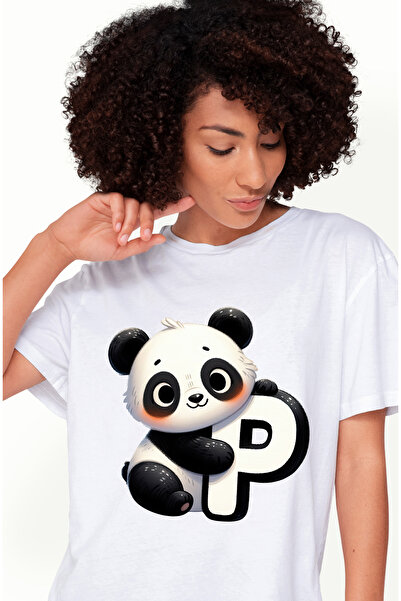 StoryGift Romania Tricou Femei cu ursulet panda cu litera "P", ilustratie, pe...