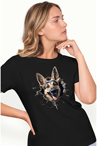 StoryGift Romania Tricou Femei cu un caine lup jucaus, ilustratie, scoate capul prin peretele spar BLK_L