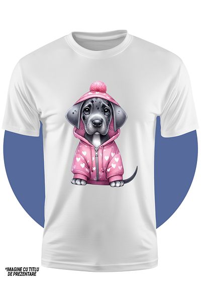 StoryGift Romania Tricou Copii Cu Un Catel Gri Care Poarta Un Hanorac Cu Inimioare, Pentru Iubitorii De Cain