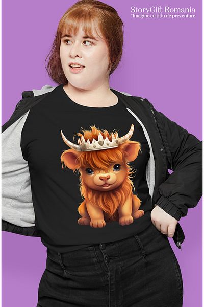 StoryGift Romania Tricou Femei cu un pui de zimbru care poarta o coroana regala, ilustratie, nobil BLK_L