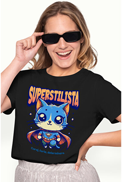 StoryGift Romania Tricou Femei Super Stilista, SuperErou, Pisica Zburand, cu ...
