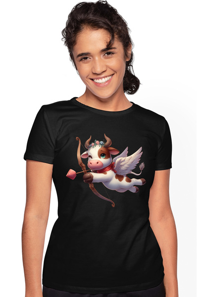 StoryGift Romania Tricou Femei cu o vacuta Cupidon, ilustratie, trage cu arcul, indragostire, arip BLK_L