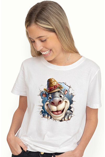 StoryGift Romania Tricou Femei cu un hipopotam fericit care scoate capul prin...